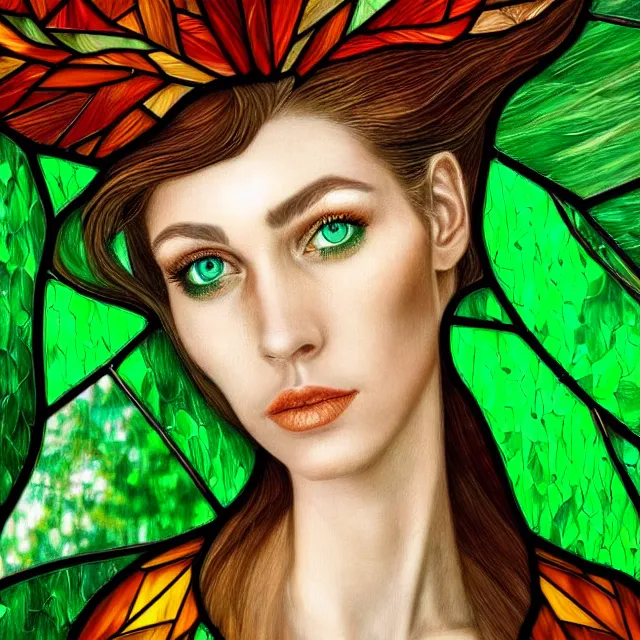 Prompt: a stunning detailed portrai of a yound woman with green eyes, shards of the afternoon falling down like broken stained glass or autumn leaves