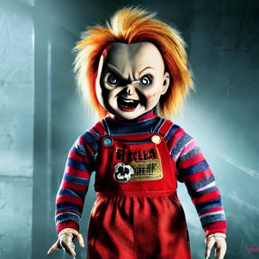 Image similar to Chucky the killer doll movie still 8k hdr scary lighting