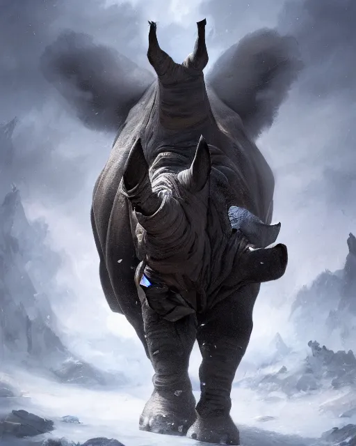 Image similar to oil painting of Anthropomorphized Rhino, wearing fur cloak, sharp focus, holding gigantic Axe, warrior clothes, heroic pose, dramatic artwork, fantasy style, octane render, volumetric lighting, 8k high definition, by greg rutkowski, highly detailed, trending on art Station, magic the gathering artwork, burning Battlefield backround, centered