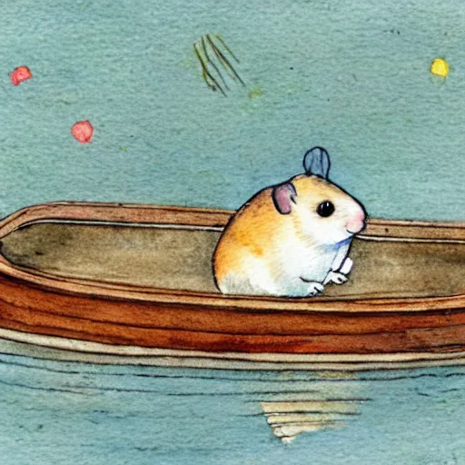 Prompt: a watercolor painting of a hamster in a boat by Beatrix Potter, behance, naive art, watercolor, storybook illustration, photoillustration