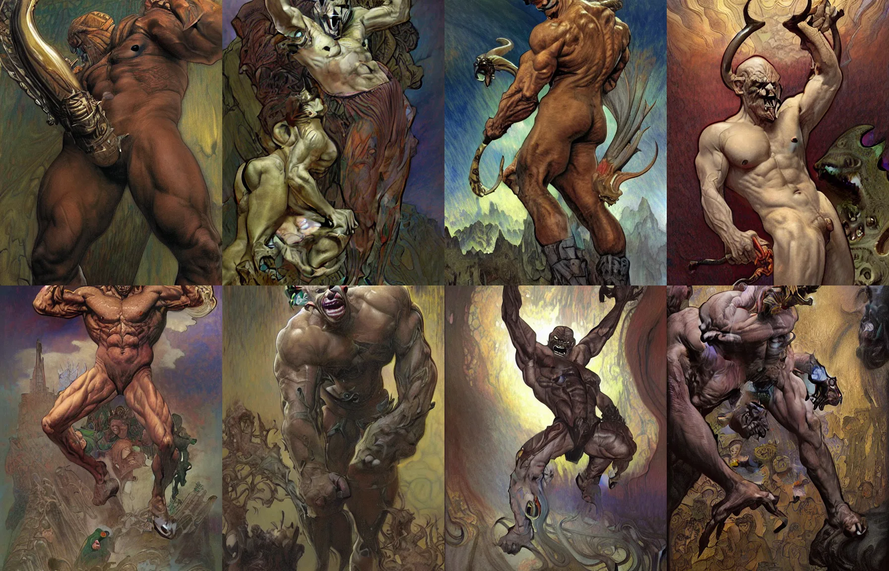 Prompt: Mid-shot of a hunky, muscular grey-skinned demon with an inhuman alien face and curving oil-slick horns drawn by Donato Giancola and Jon Foster, frank frazetta, alphonse mucha, background by James Jean and gustav klimt, 4k, volumetric lighting, french nouveau, trending on artstation, hyperrealistic, SFW