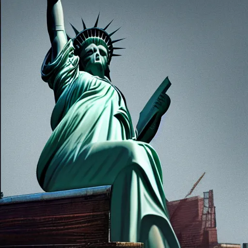 Image similar to photomanipulation of statue of liberty sitting down with legs crossed, humor, ultrarealism, detailed, trending on artstation