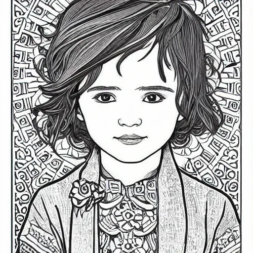 Image similar to clean simple line art of a little boy with short hair. no background. well composed, clean coloring book page, beautiful detailed face. coloring book line art by greg rutkowski and johanna basford and alphonse mucha
