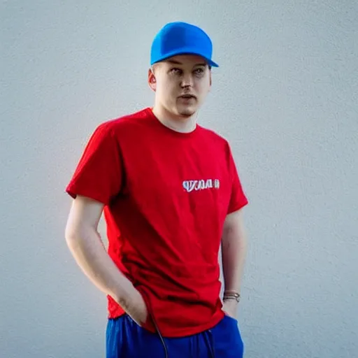 Prompt: a full body shot of an average white, short young - adult man with blue dyed hair holding a microphone, wearing a red backwards cap, white t - shirt with a red no symbol on it, blue long pants and red shoes