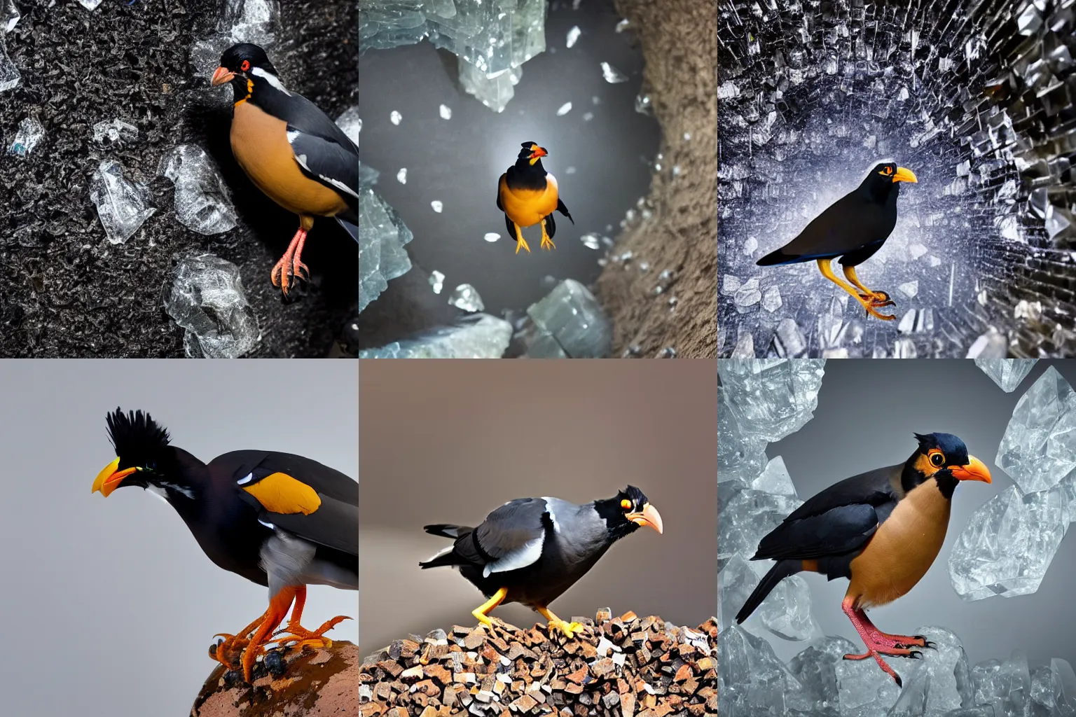 Prompt: a mynah bird working as a miner in a crystal cavern, today's featured photography 4k