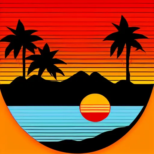 Prompt: retrowave logo.big red orange gradient sun on black solid background.pam trees silhouette on the sun.wavy red water under sun