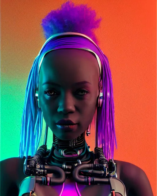 Image similar to portrait of a beautiful black woman with pink hair as a cyberpunk cyborg half robot, revealing wires and electronics, hooked - up, sci - fi, missing panels, intricate abstract upper body intricate artwork, concept art, octane render, deviantart, cinematic, key art, hyperrealism, iridescent accents, portrait photograph, nikon 3 5 mm, photograph by greg rutkowski