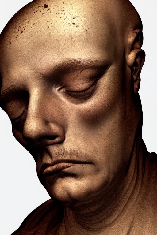 Prompt: face centered portrait, artwork by james jean, hyperdetailed realistic smooth polished porcelain, bald human being, male, sick, tired, closed eyes, volumetric light, jean delville, art nouveau, gustav klimt, ornate copper patina gothic icon, james jean, ultrasharp hyperdetailed photorealistic octane render