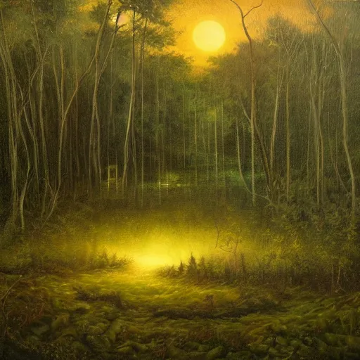 Prompt: will o'the wisp floating in the air over a clearing in the forest surrounding a swamp, evening, highly detailed, oil painting