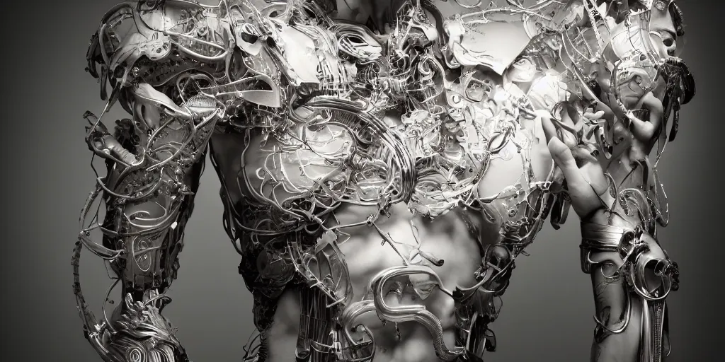 Image similar to hyper realistic photography of a stunningly beautiful cyborg male, plated arm, intimate, chest, holding close, ribbons, in the style of beth cavener, jin kagetsu,, and wlop, highly detailed, intricate filigree, symmetry, masterpiece, award winning, sharp focus, concept art, highkey lighting, ambient lighting, octane render, 8 k, artstation