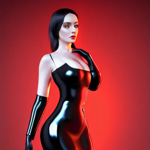 Prompt: portrait of a curvy feminine pale beautiful goddess with classy elaborate tight black-red-silver nylon-latex full body dress, welcoming attitude, thin waist, multilayered outfit, photorealistic, sublime, 16k, smooth, sharp focus, cgsociety, ArtStation, volumetric lighting
