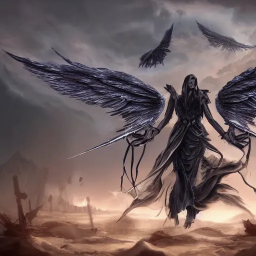 Prompt: angel of death wings spread hovering above battle field, 4k ultra hd, dark concept art