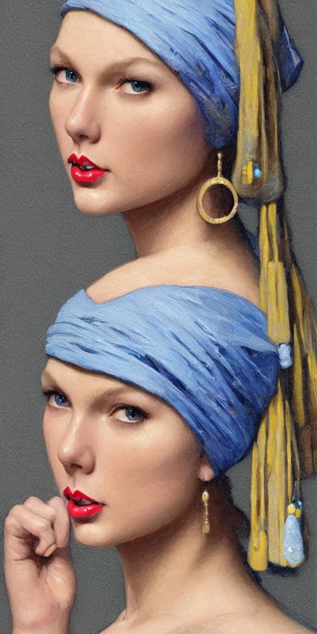 Image similar to Taylor Swift as the girl with the pearl earring, highly detailed, digital painting, artstation, concept art, smooth, sharp focus, illustration, ArtStation, art by artgerm and greg rutkowski and alphonse mucha and J. C. Leyendecker and Edmund Blair Leighton and Katsuhiro Otomo and Geof Darrow and Phil hale and Ashley wood and Ilya repin and Charlie Bowater