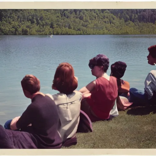 Prompt: color photograph from the sixties of people sitting by a lake in summer looking at a nuclear explosion, faded colors, light leaks