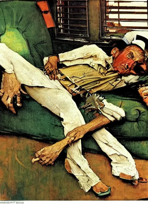 Prompt: dennis hopper crawling around on the floor of a dingy apartment, painted by norman rockwell and tom lovell and frank schoonover, green, dystopian