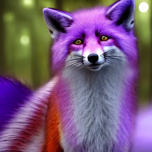 Image similar to a purple fox with a long fluffy and shiny coat sits in the forest on a ufo flying saucer. super realistic photo. clear details