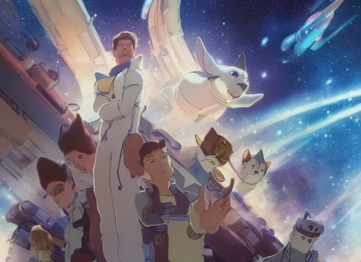 Image similar to a space handsome gay guys and their 1 0 pet space cats staring role in a musical sci - fi space opera ghibli animated film, volumetric lighting, octane render by stanley artgerm lau, greg rutkowski, thomas kindkade, alphonse mucha, loish, norman rockwel, 8 k greg rutkowski