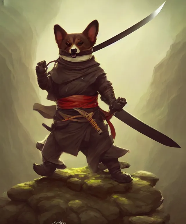 Image similar to anthropomorphic corgi ninja, ninja outfit, holding a katana, standing in a beautiful landscape, cute and adorable, dnd character art portrait, matte fantasy painting, deviantart artstation, by jason felix by steve argyle by tyler jacobson by peter mohrbacher, cinematic lighting