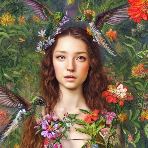 Prompt: bautiful young girl surrounded by hummingbirds and fine floral ornaments, eye - level medium - angle shot, intricate, floral background, by esao andrews, by m. w. kaluta, by yoshita amano, intricate, symmetrical, natural lighting, smooth, 3 d octane render, depth perception, 4 k,, artstation