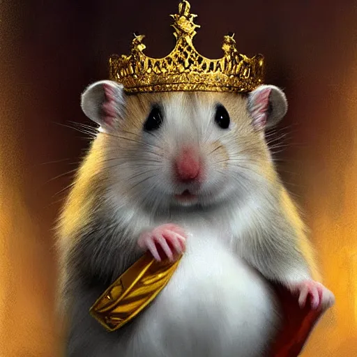 Image similar to a king hamster with a crown and a coat, painted by Raymond Swanland