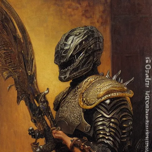 Image similar to a young man wearing a black armor holding the head of a predator, highly detailed painting by gaston bussiere and j. c. leyendecker 8 k the black armor is made by gustave dore