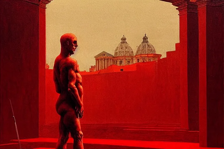 Image similar to only with red, caesar after war, a red tiger, in hoc signo vinces, rome in background, an ancient path, in the style of beksinski, part by hopper, part by rodcenko, part by hofbauer, intricate composition, red by caravaggio, insanely quality, highly detailed, masterpiece, red light, artstation