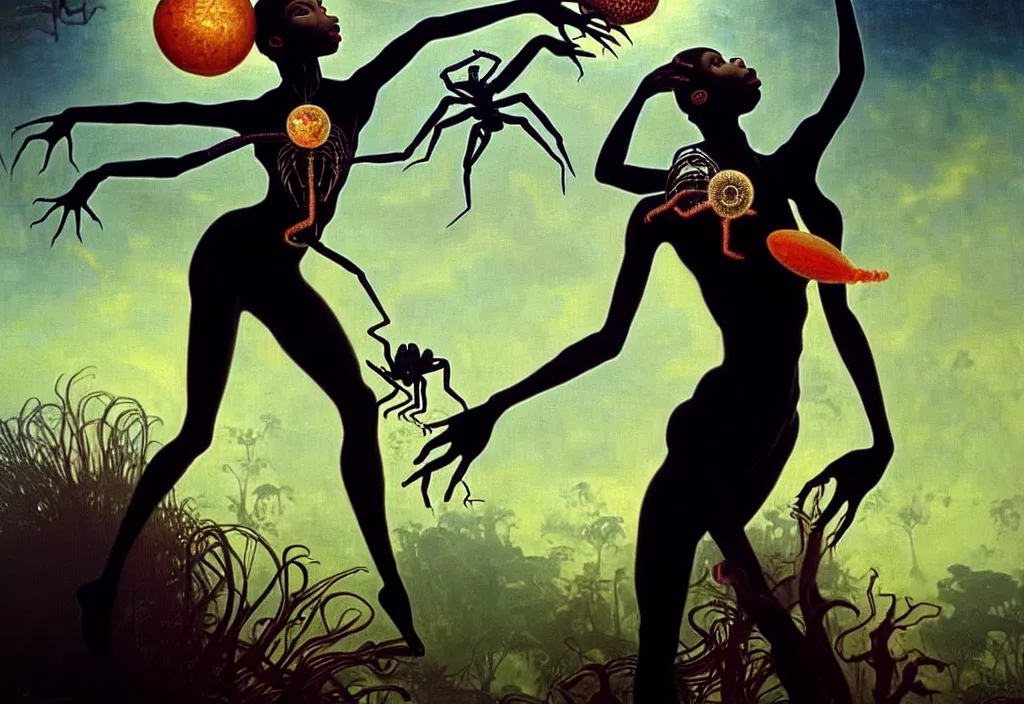 Prompt: realistic detailed portrait movie shot of a beautiful black woman dancing with a giant spider, futuristic sci fi landscape background by denis villeneuve, jean deville, yves tanguy, ernst haeckel, alphonse mucha, max ernst, caravaggio, roger dean, sci fi necklace, fashion, masterpiece, rich moody colours