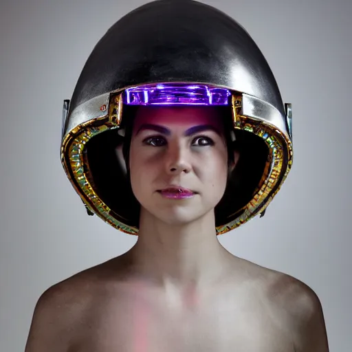 Prompt: centered fine studio photograph of a young woman wearing a futuristic cyberpunk Mayan helmet made of crystal and led lights, chest and face, photorealistic, white background, 8k HDR, shallow depth of field, intricate