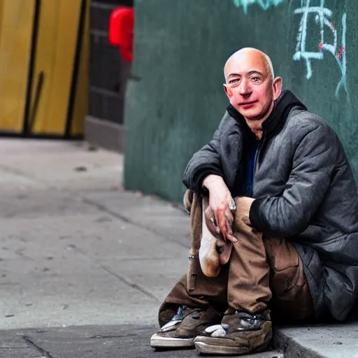 Prompt: homeless jeff bezos begging for food, highly detailed, photograph