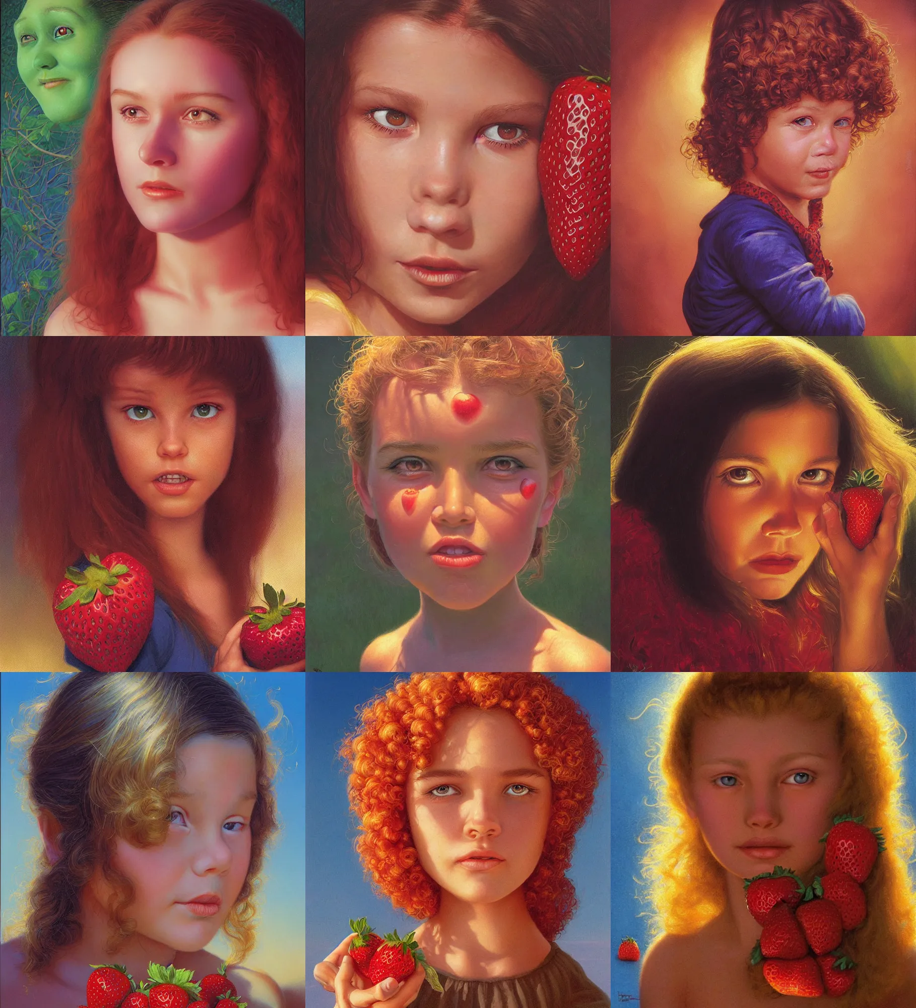 Prompt: face portrait young girl, strawberries, golden hour, 1 9 8 0, greg hildebrandt, ralph horsley, john howe, victor nizovtsev, steve argyle, mark arian, karol bak, daniel f. gerhartz, mary jane ansell