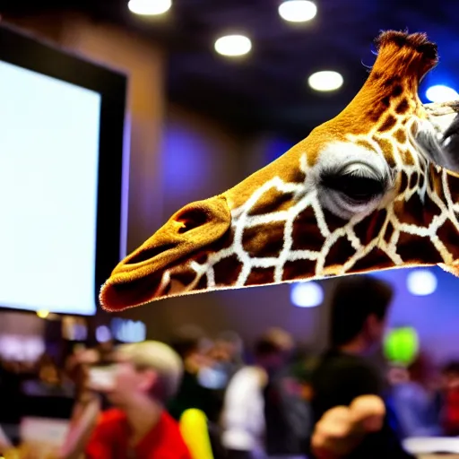 Image similar to young giraffe grazing at video game tournament