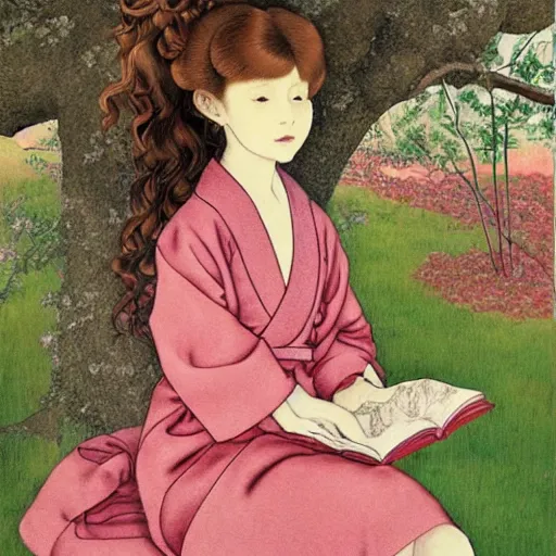 Prompt: beautiful little girl with long curly red hair dressed in a pink kimono and sitting next to a tree while reading a book, artwork made by ayami kojima, inspired in balthus, anatomically correct, higher details, realistic