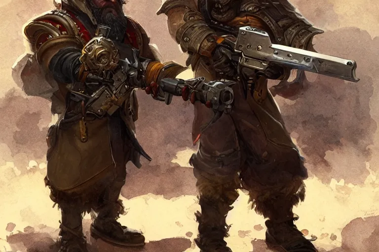 Image similar to this dwarven plasma gunner is holding a flintlock rifle charged by lightning by Greg Rutkowski, highly detailed, sharp focus
