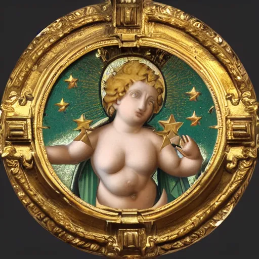 Image similar to Saint Woman, Putti, Venus, Athena, Sistina, baroque, marble and gold, stars, space, sun, deep green, bronze