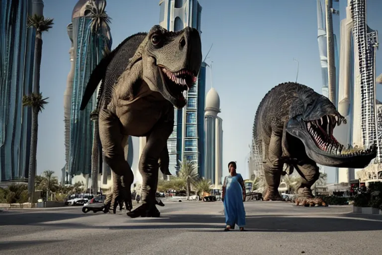 Prompt: cinematography dinosaurs in the streets of Abu Dhabi by Emmanuel Lubezki