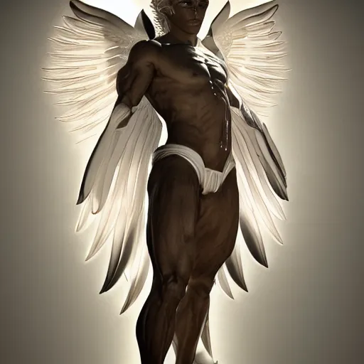 Prompt: the arch angel of time, male, full body art, angel, angelic, symmetry, powerful, divine, photo realism, digital art, hyper realistic, ultra - realistic, 8 k, god rays, unreal engine 5.