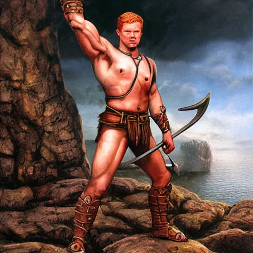 Image similar to character art, d&d, muscular fighter wearing leather chest plate with uncovered arms, ginger hair, great sword, feet standing in a rocky environment by john avon, matte painting by drew struzan and simon bisley, render