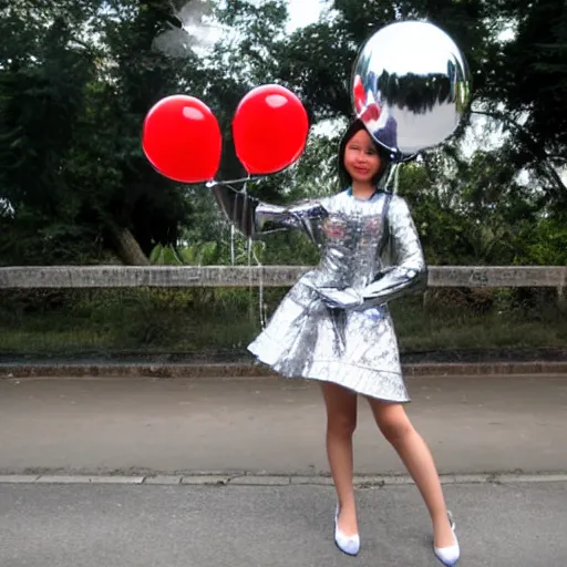 Image similar to chrome girl holding chrome balloon:: wide angle:: full body shot