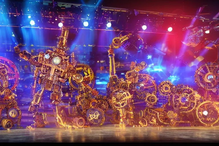 Prompt: stage from the show america got talent, on stage are 4 golden and blue metal humanoid steampunk robots dancing, robots are wearing gears and tubes, eyes are glowing red lightbulbs, shiny crisp finish, 3 d render, 8 k, insaneley detailed, fluorescent colors, nightlight