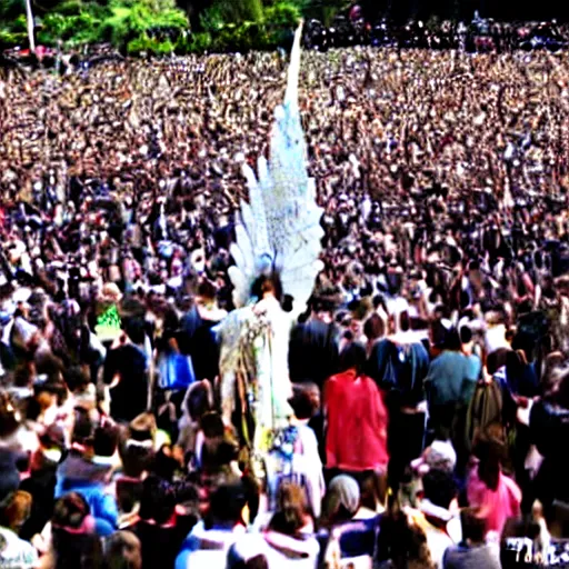 Image similar to 10,100 wemon worshipping the dragon angel pimp, holy ceremony, heavens gate, low quality photo, crowd, flikr