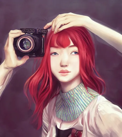 Image similar to mahiru koizumi, a redheaded japanese photographer with a bowl cut and a freckled face, takes a picture of you, adorable, beautiful art by stanley lau, artgerm, rossdraws, ross tran, sakimichan, cyarine, beautiful art