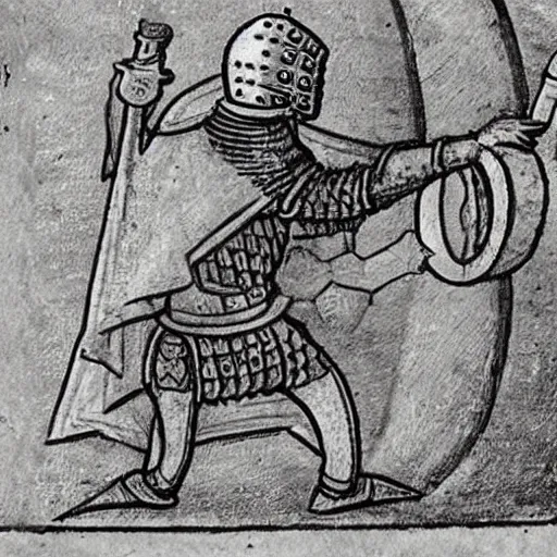 Image similar to medieval drawing of a Knight in battle with a snail