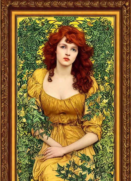 Prompt: masterpiece beautiful flowing curves pin up pose preraphaelite portrait photography, extreme closeup shot, straight bangs, thick set features, yellow ochre ornate medieval dress, amongst foliage mushroom forest arch, circle, william morris and kilian eng and mucha, framed, 4 k