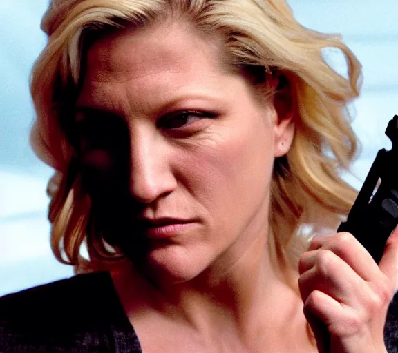 Prompt: skyler white holding a gun, movie still, upper body shot, photorealistic, clean composition