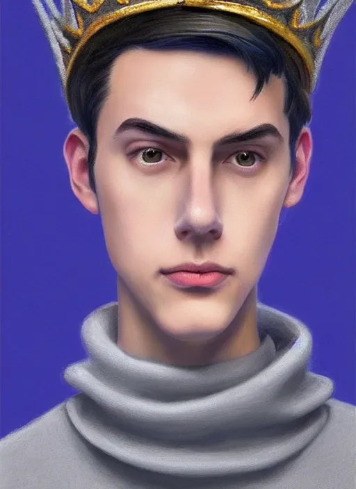 Image similar to portrait of teenage jughead jones wearing a light grey crown, crown, blue turtleneck, 1 9 5 0 s, closed eyes, photorealistic, black hair, glowing lighting, intricate, elegant, glowing lights, highly detailed, digital painting, artstation, concept art, smooth, sharp focus, illustration, art by wlop, mars ravelo and greg rutkowski