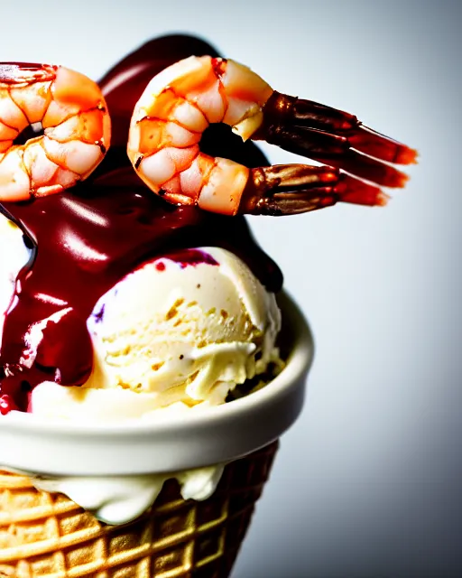 Prompt: dslr food photograph of an ice cream sundae with a shrimp on. 8 5 mm f 1. 4