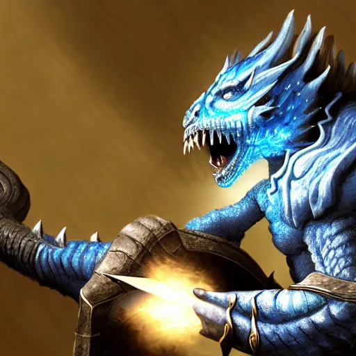 Prompt: blue dragonborn cleric of a storm god, dungeons and dragons, lightning, photorealistic