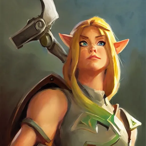 Image similar to greg manchess portrait painting of partially armored female link from legend of zelda as overwatch character, medium shot, asymmetrical, profile picture, organic painting, sunny day, matte painting, bold shapes, hard edges, street art, trending on artstation, by huang guangjian and gil elvgren and sachin teng