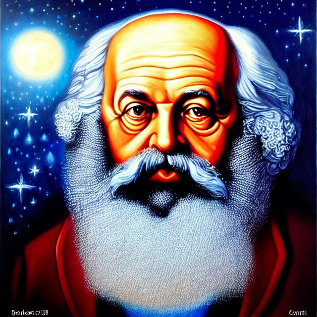 Prompt: an oil on canvas portrait painting of karl marx, surrealism, surrealist, cosmic horror, rob gonsalves, high detail