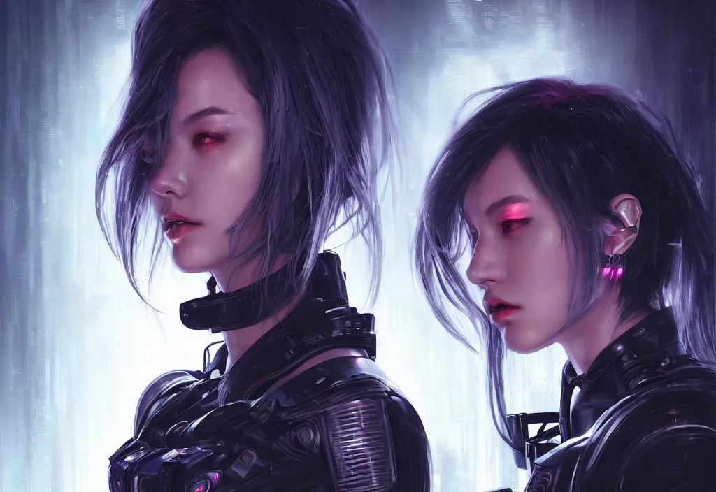 Image similar to portrait holy dark grey hair of futuristic police girl, black armored uniform, at cyberpunk reflected tokyo night, ssci - fi and fantasy, neon light, intricate and very very beautiful, highly detailed, digital painting, artstation, concept art, smooth and sharp focus, illustration, art by tian zi and wlop and alphonse mucha